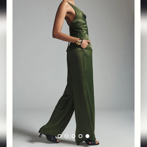 Anthropologie Olive Green Satin Jumpsuit - Picture 3 of 9